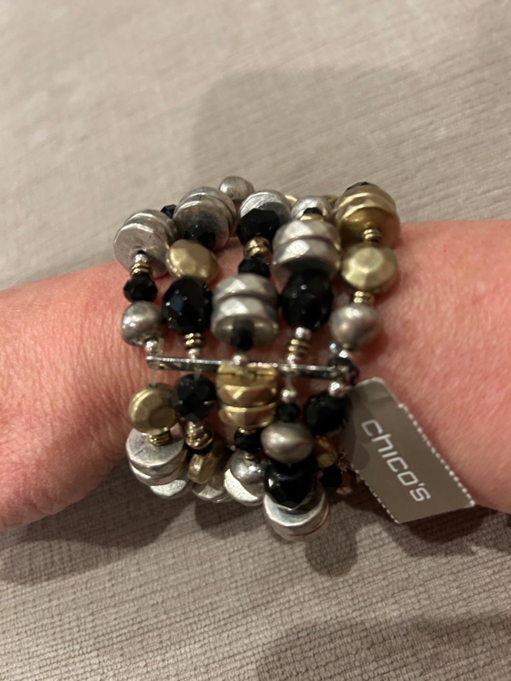 Chico's Layered Beaded Stretch Bracelet in Black, Silver & Gold Tones